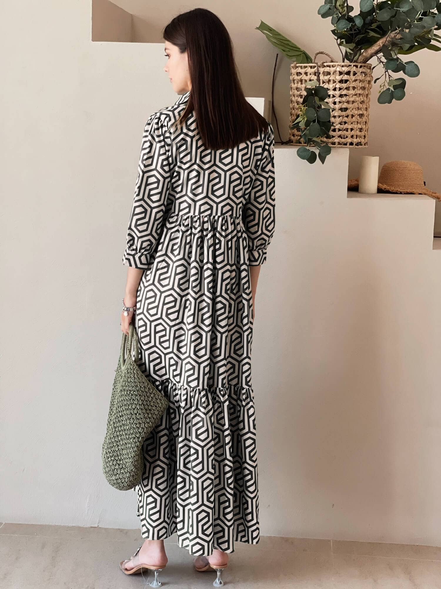 Geo Long Printed Dress In Black Dresses  - Sowears
