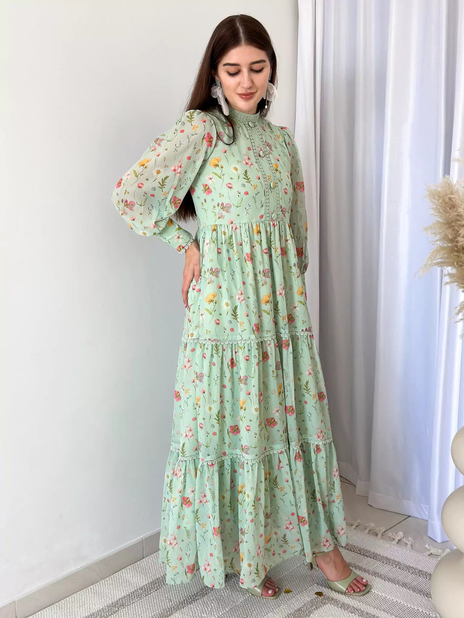 Hannah Lace Dress In Pastel Green Floral Dresses  - Sowears