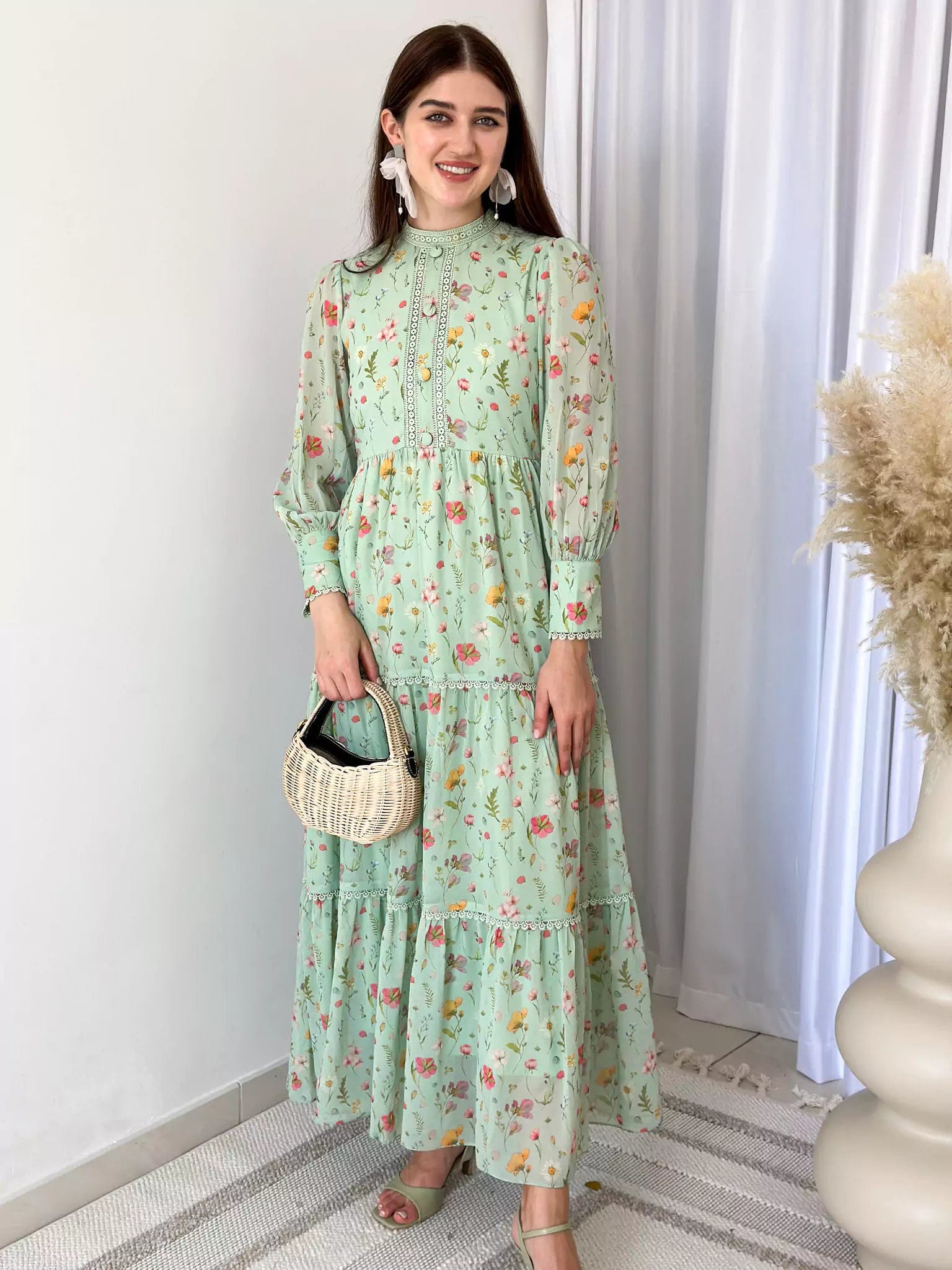 Green floral dresses with sleeves hotsell