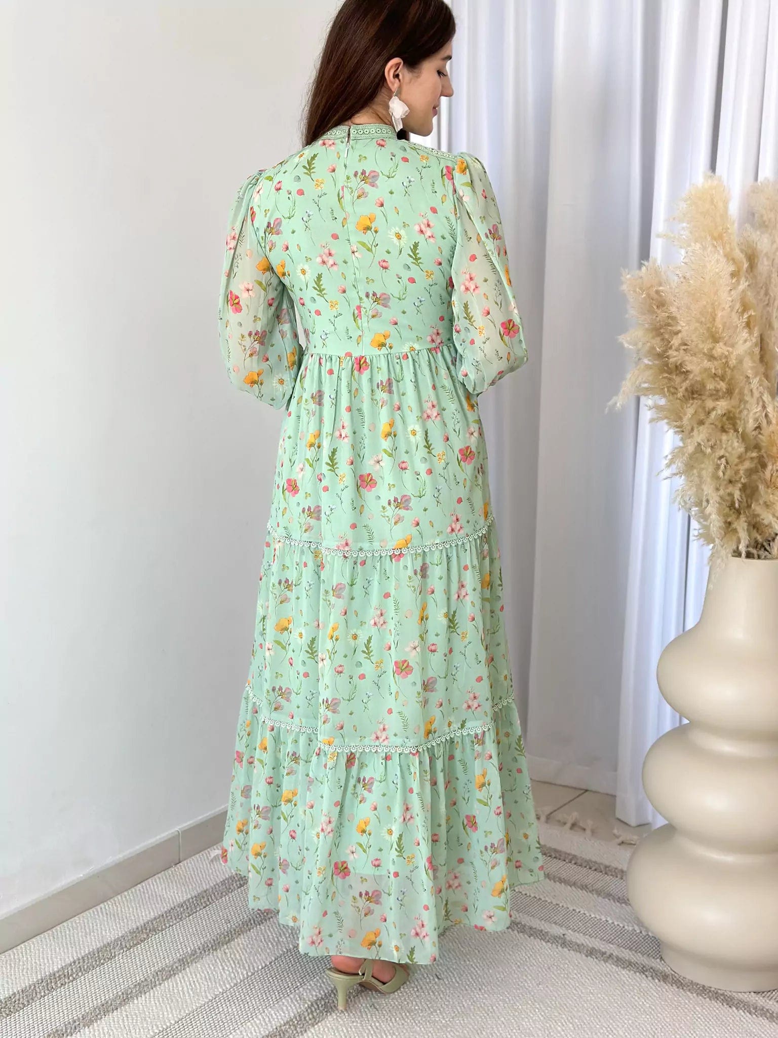 Hannah Lace Dress In Pastel Green Floral Dresses  - Sowears