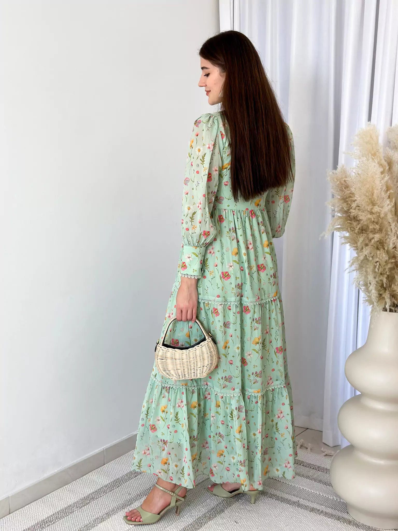 Hannah Lace Dress In Pastel Green Floral Dresses  - Sowears