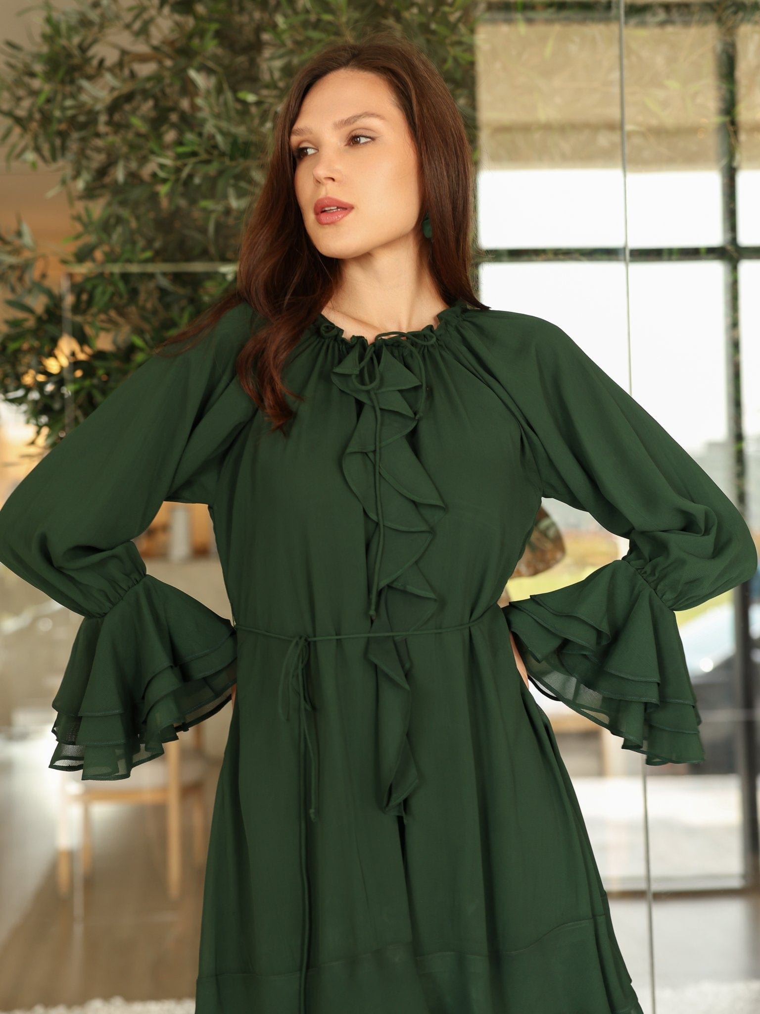 Midori Ruffle Green Long Dress Dresses  - Sowears