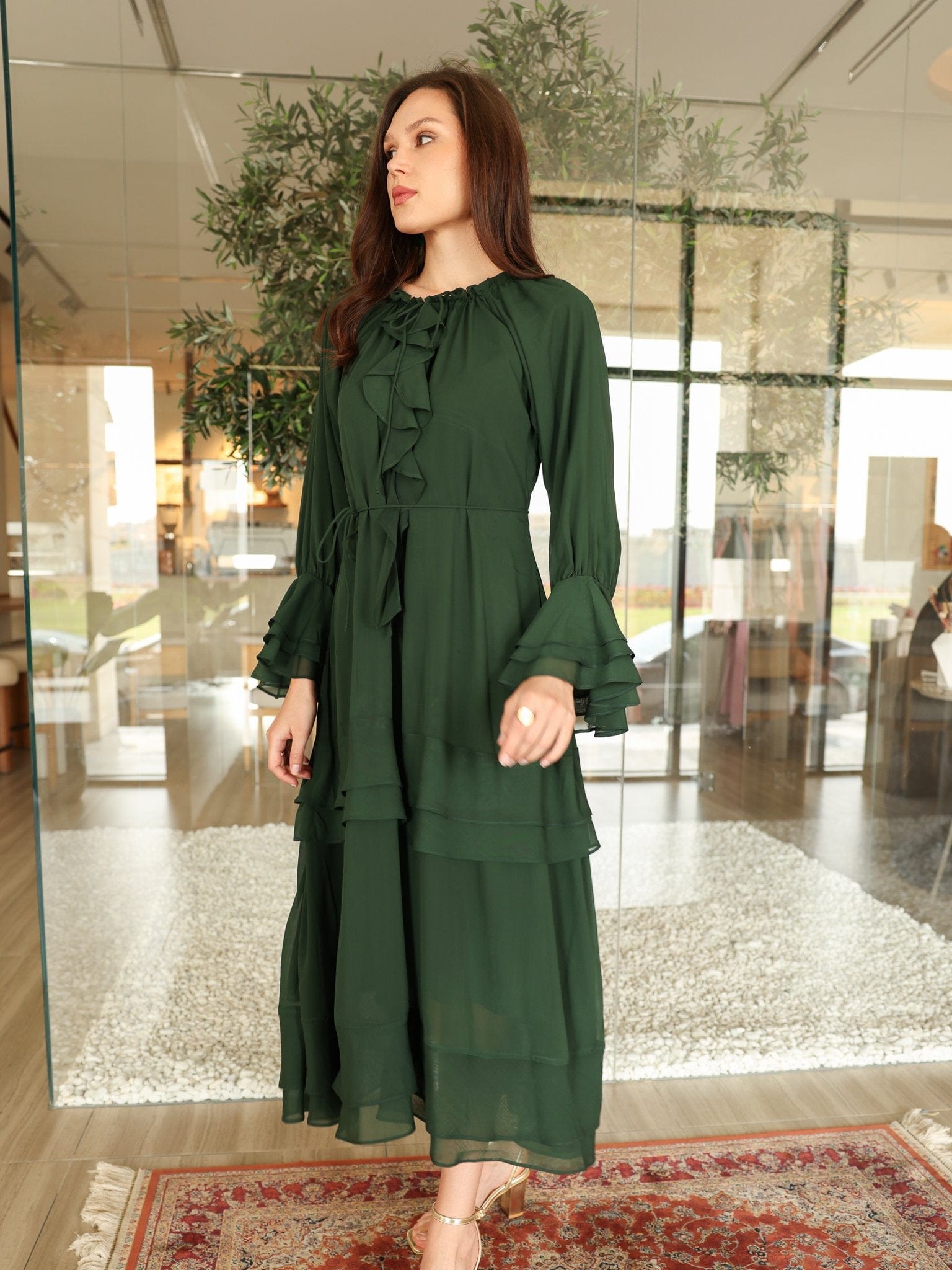 Midori Ruffle Green Long Dress Dresses  - Sowears