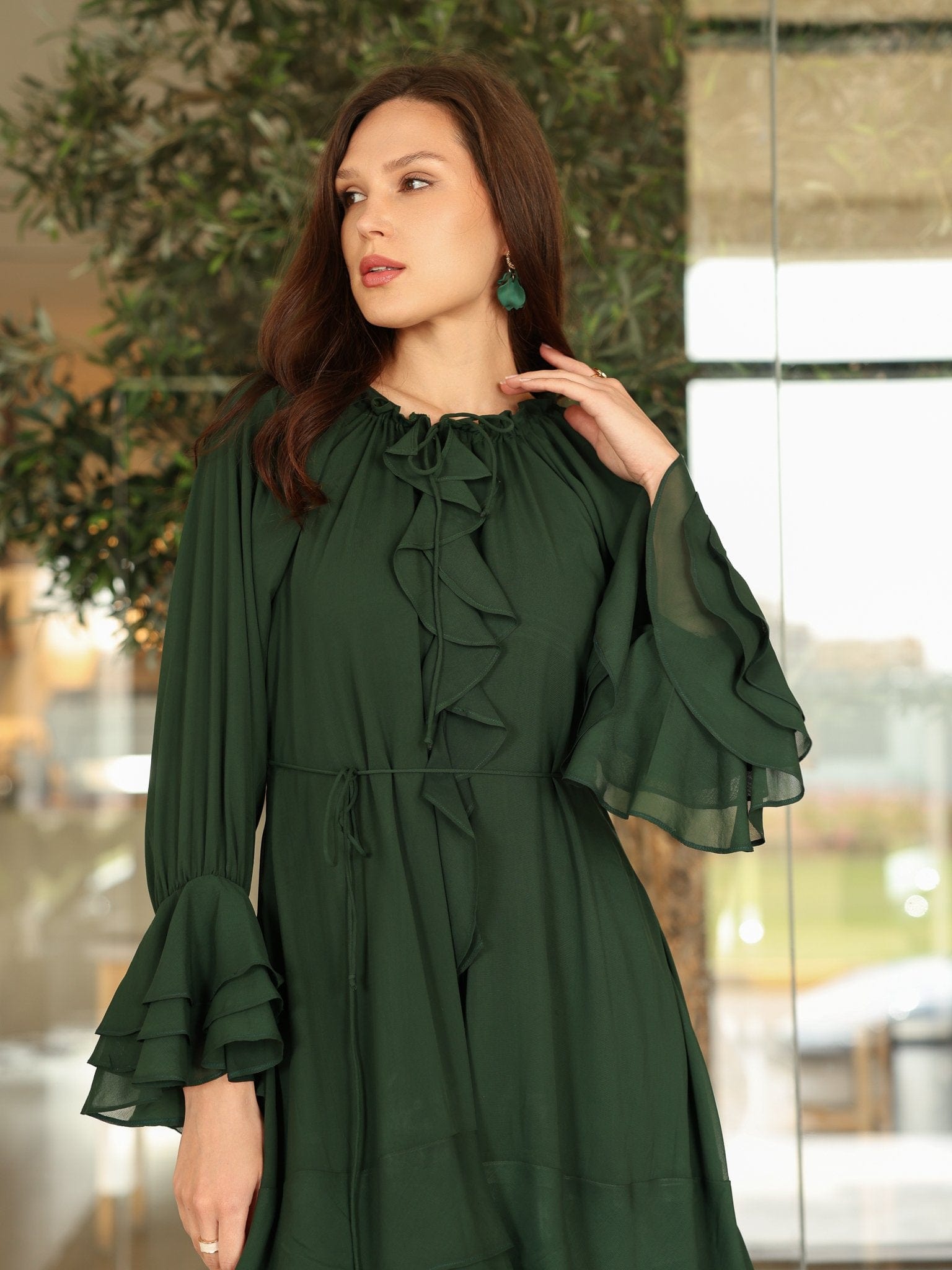 Midori Ruffle Green Long Dress Dresses  - Sowears