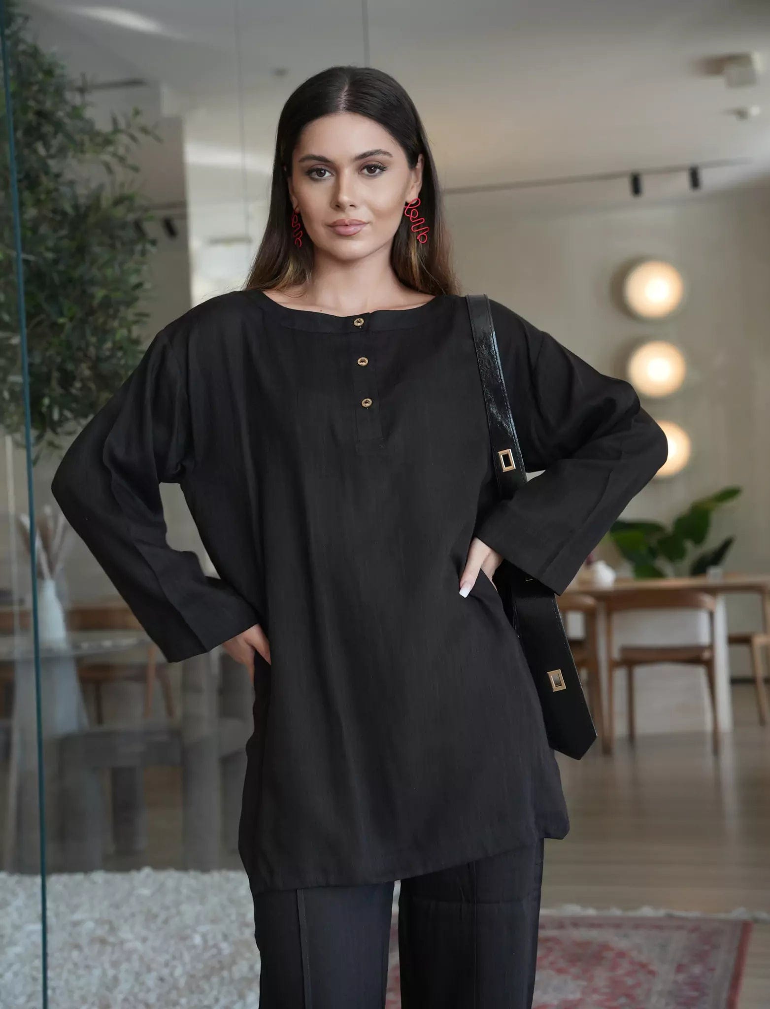 Nightfall Black Band Collar Shirt Dresses  - Sowears