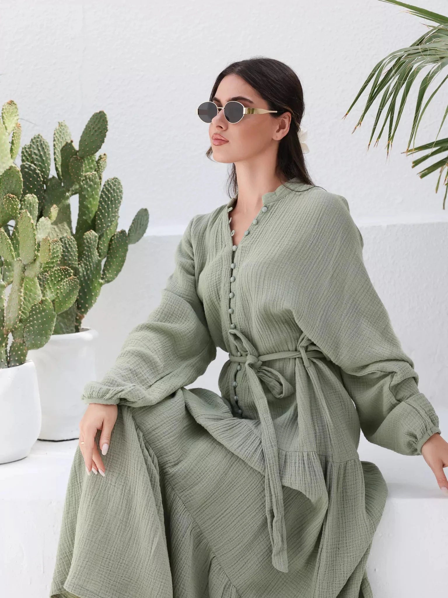 Ophelia Green Muslin Long Dress Dresses  - Sowears