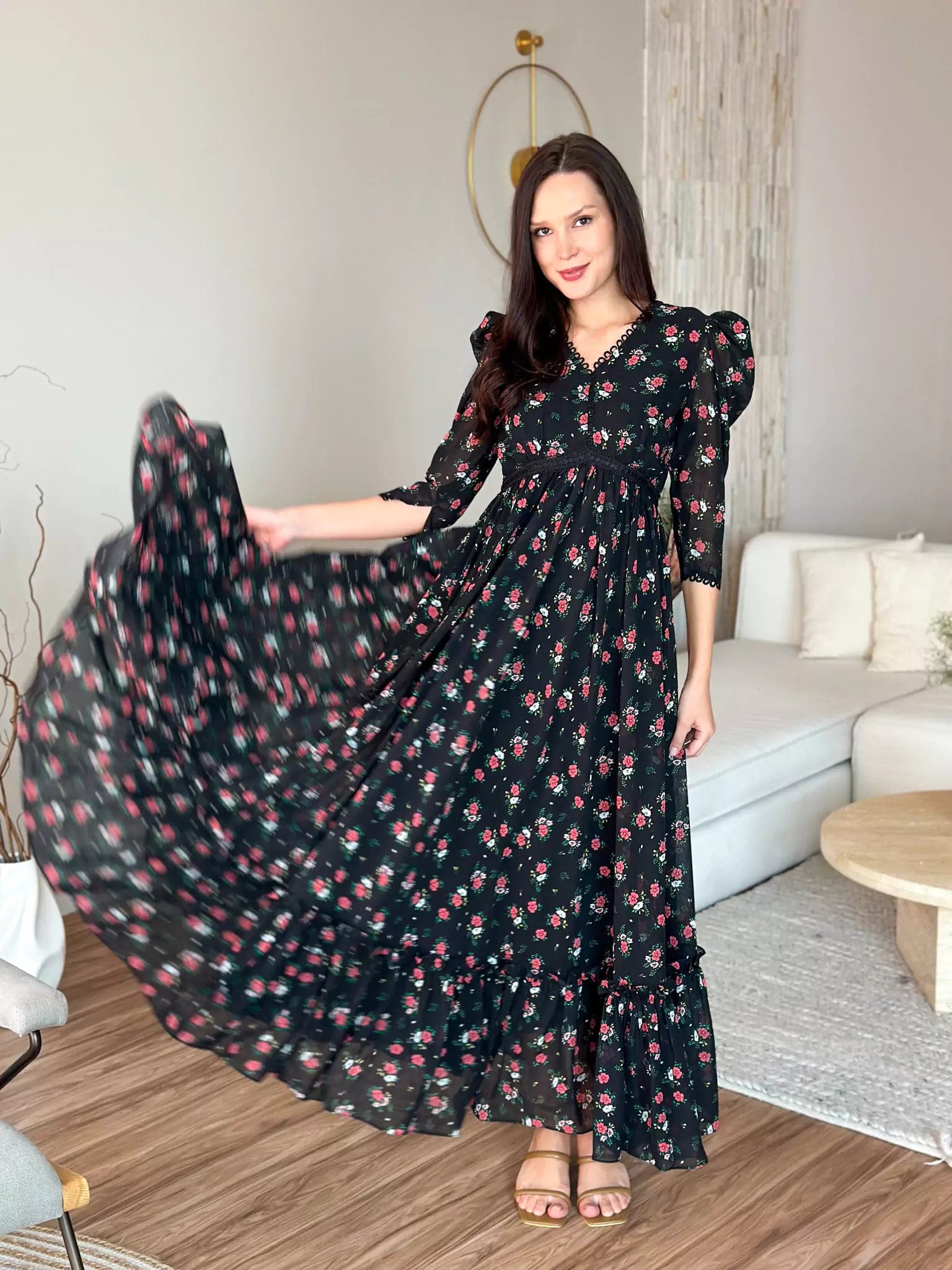 Katelyn Floral Self-tie Straps Ruffle Long Dress