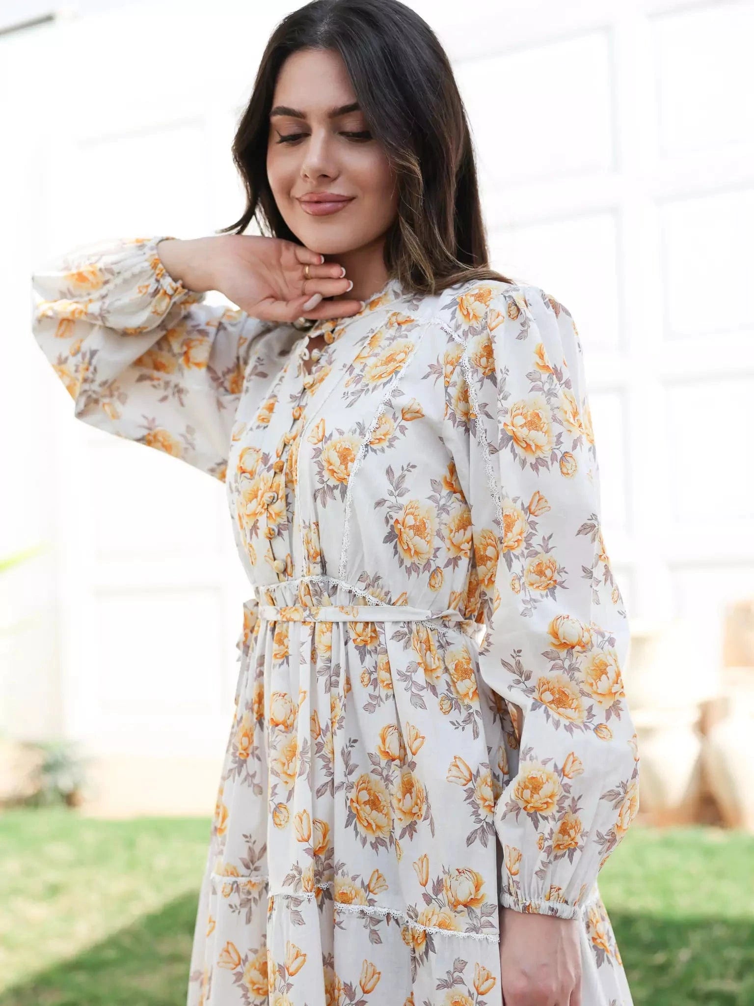 Yellow Peony Long Floral Dress Dresses  - Sowears