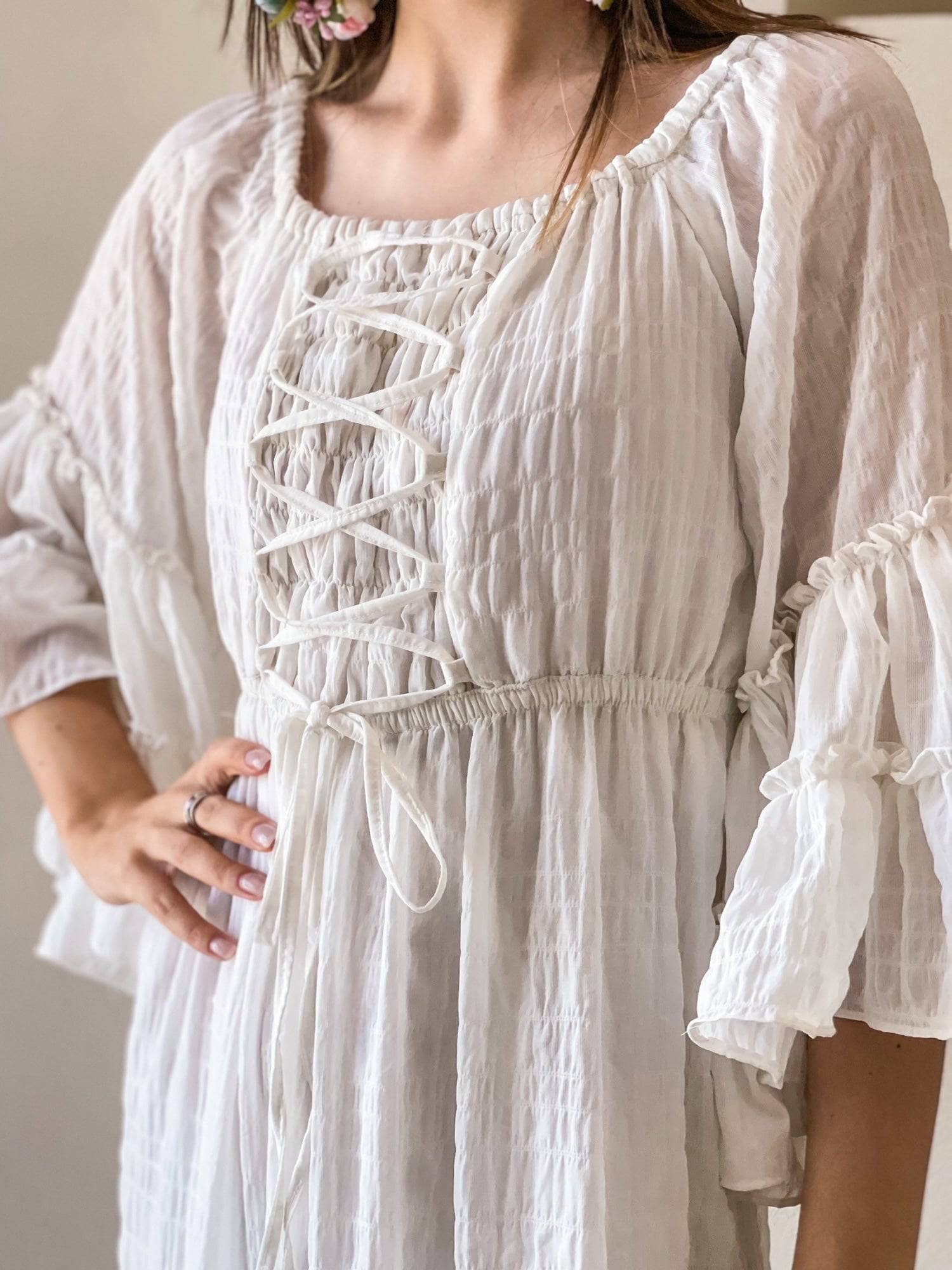 close up of ellora off white maxi dress