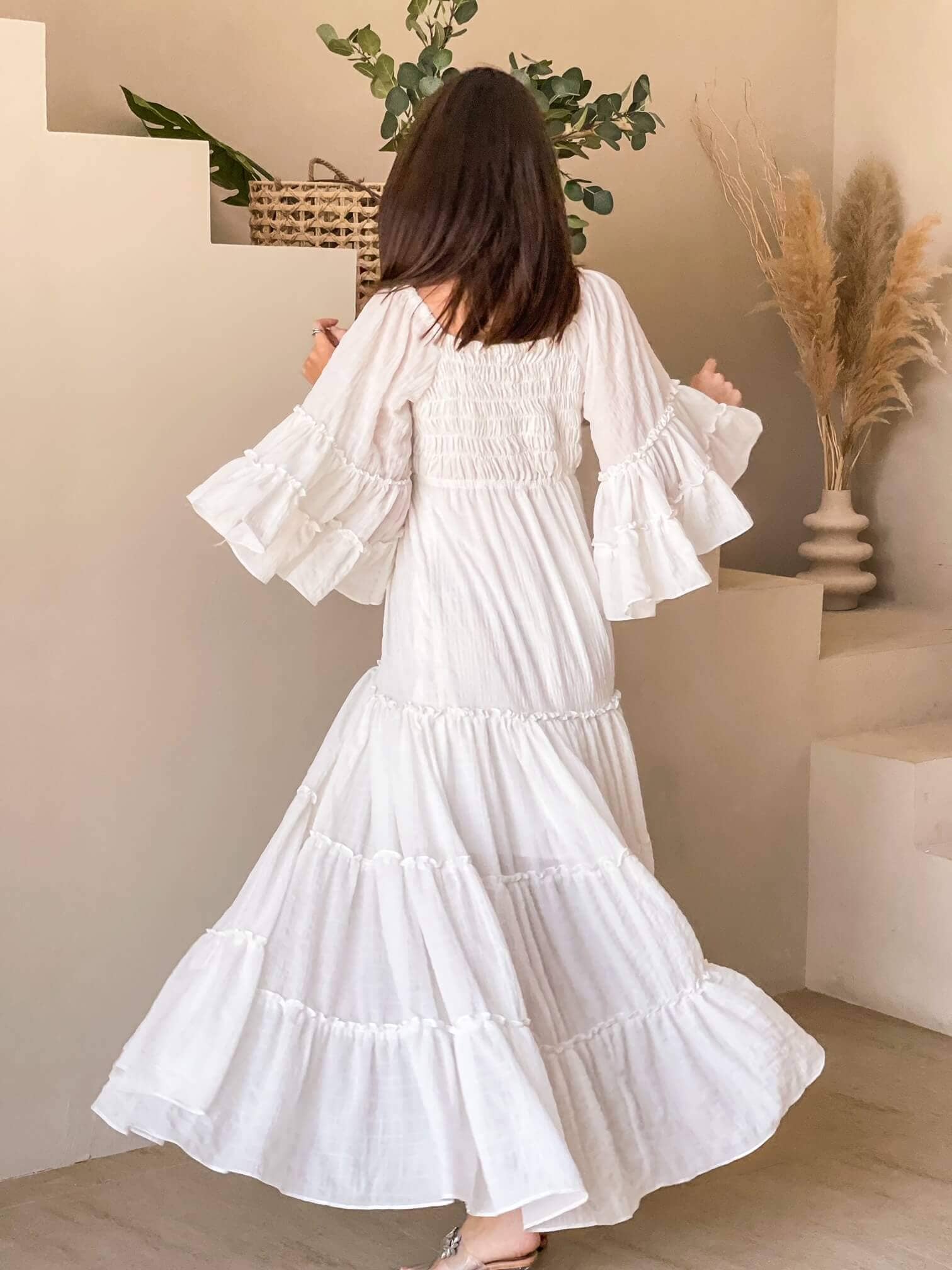 back of off white maxi dress by sowears