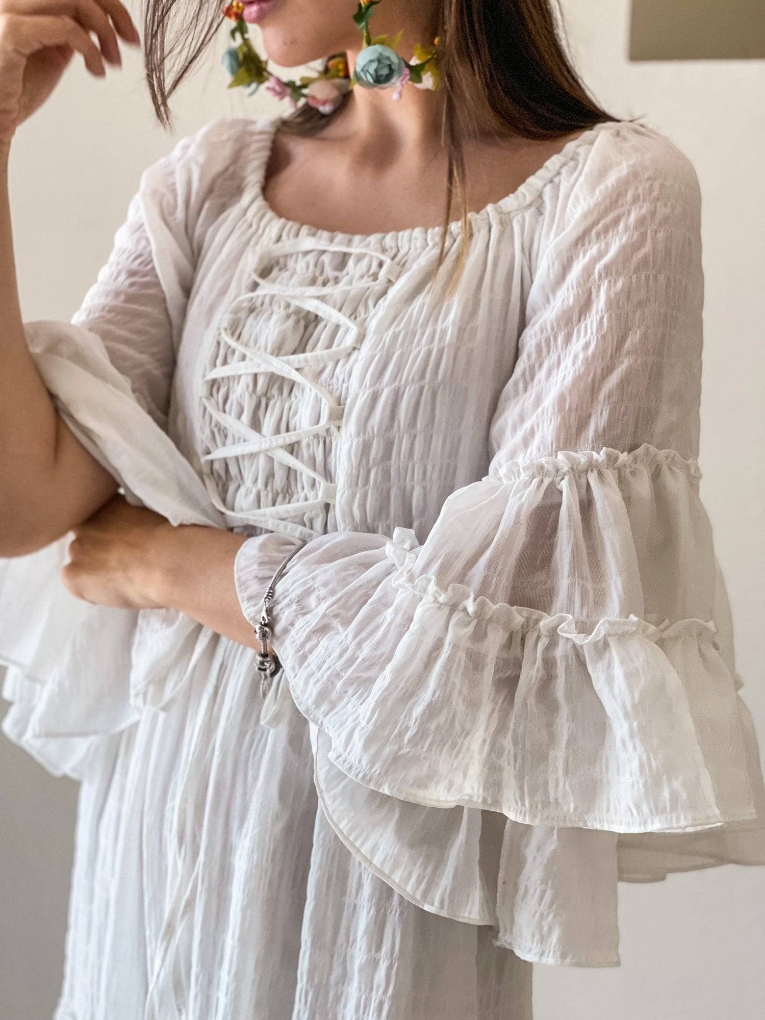 close up of off white maxi dress by sowears
