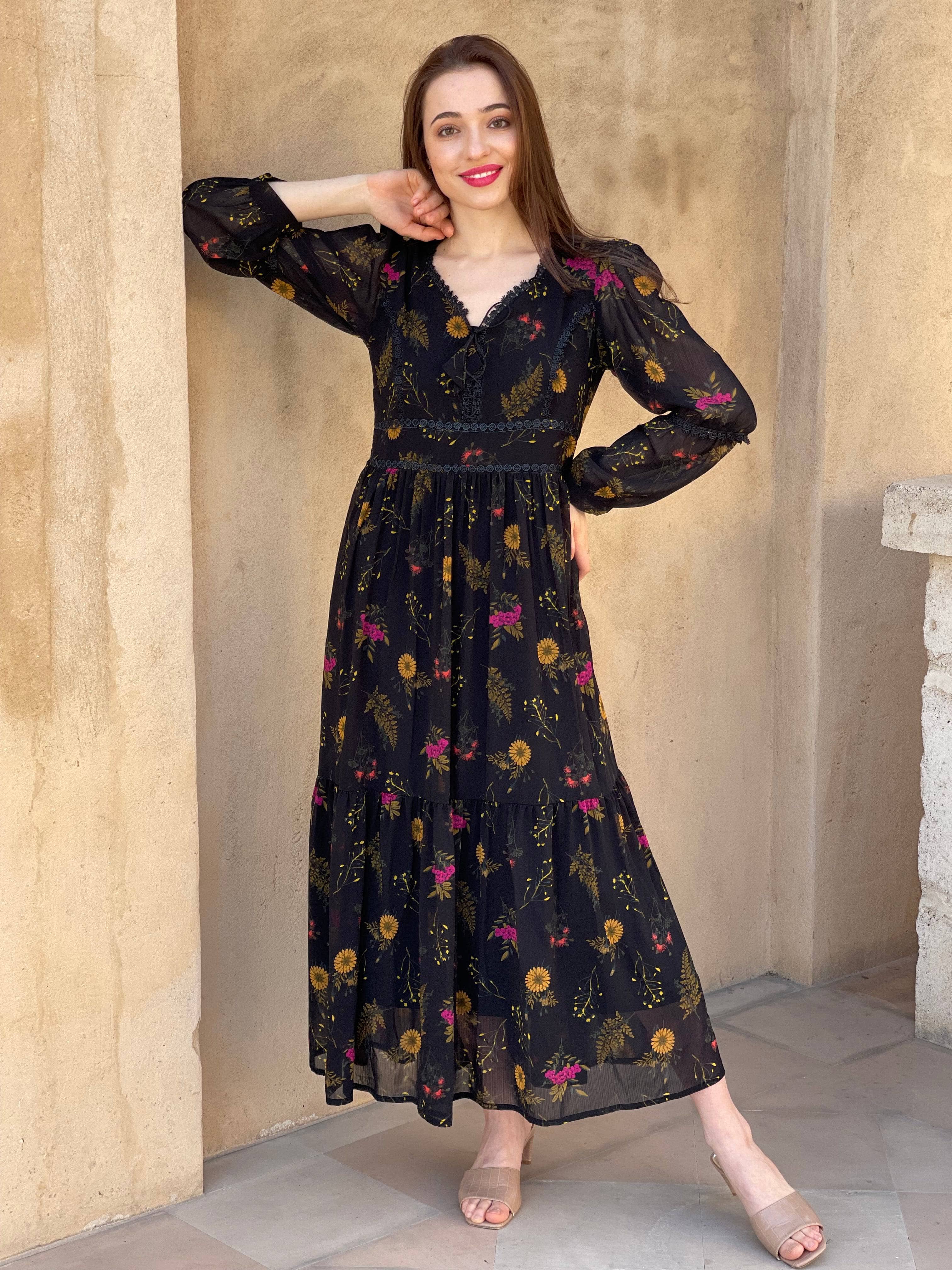 Mayday - Black Floral Dress Dresses  - Sowears