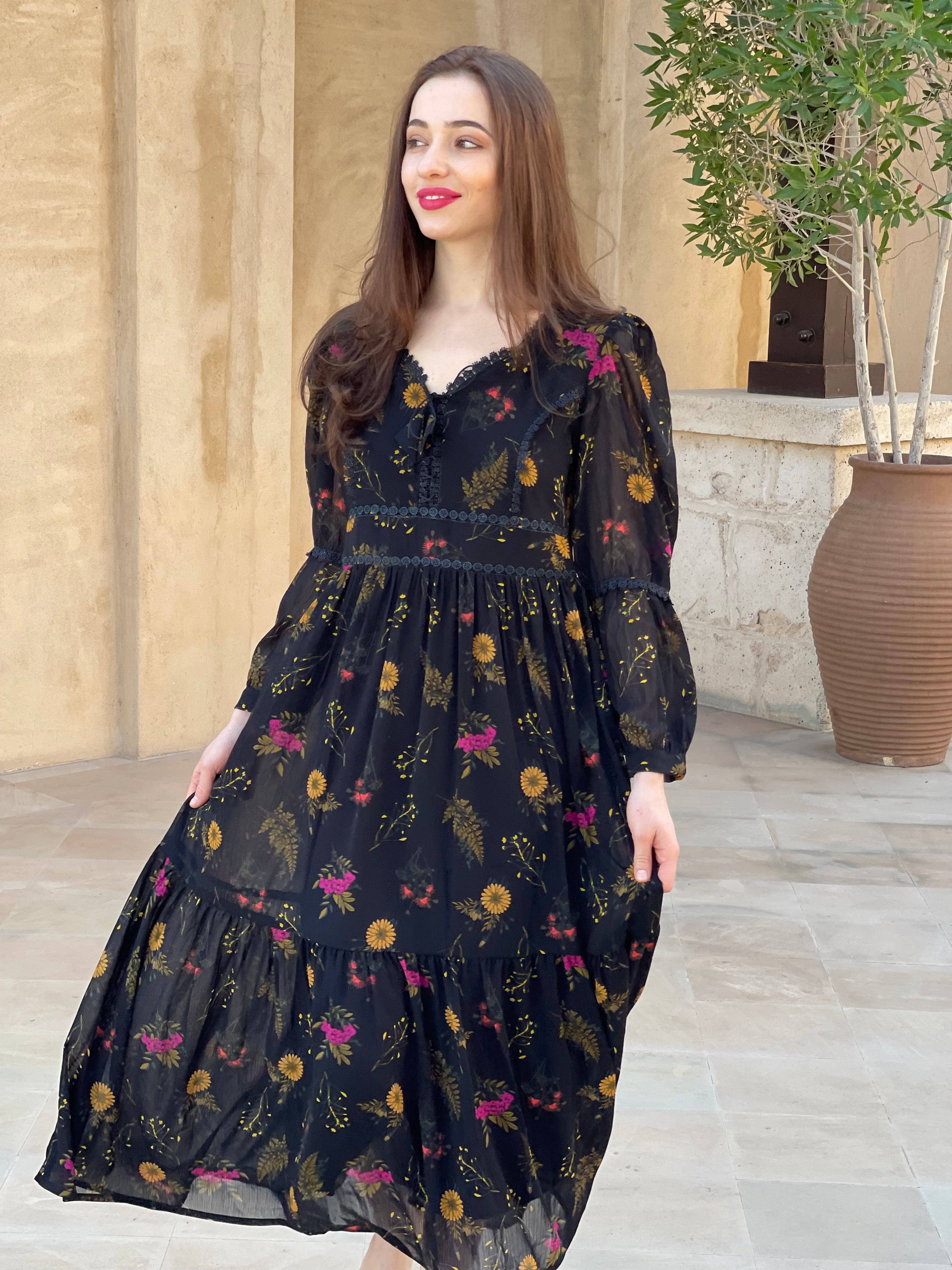 Mayday - Black Floral Dress Dresses  - Sowears