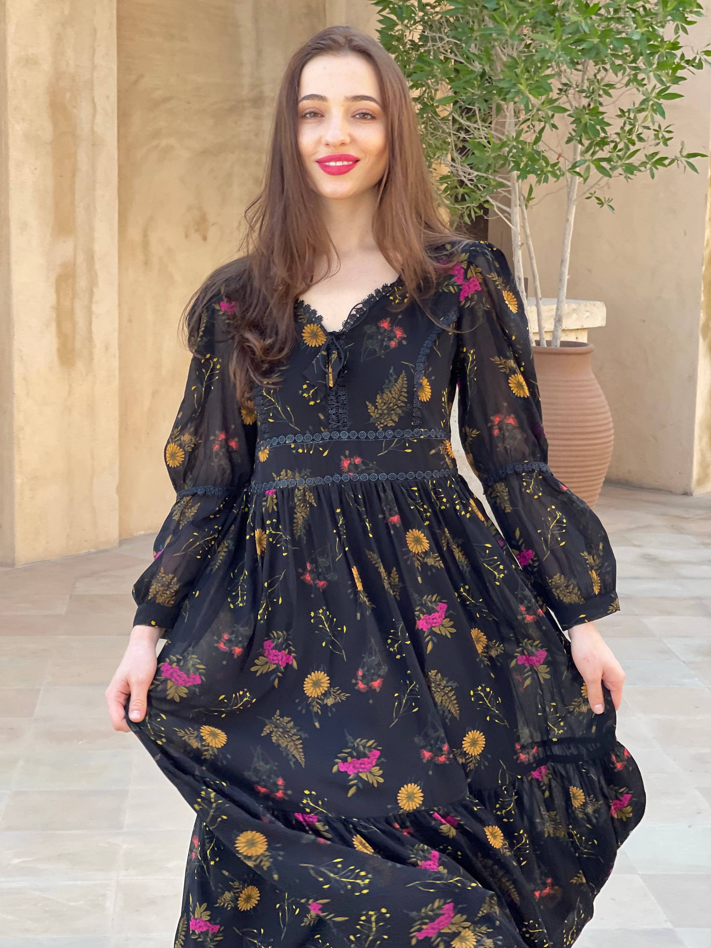 Mayday - Black Floral Dress Dresses  - Sowears