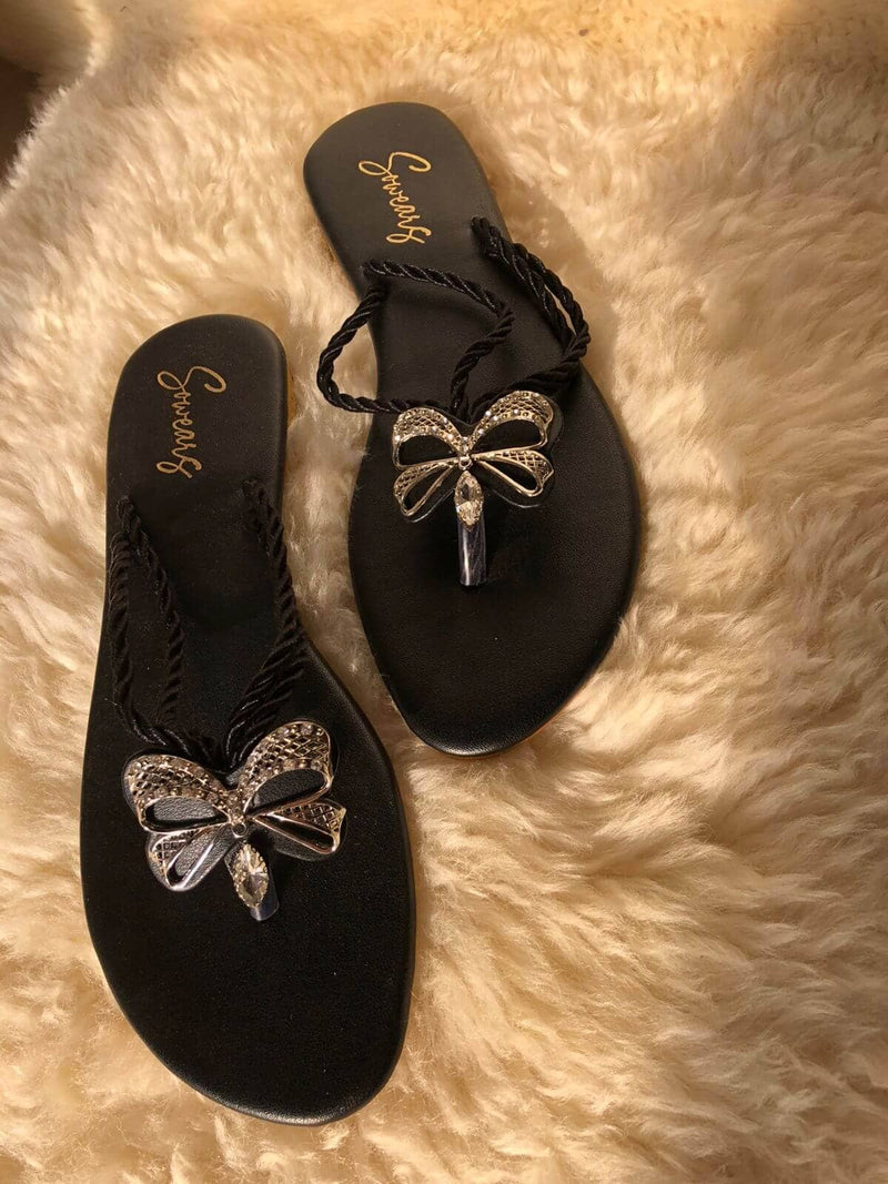 Duo Strap Butterfly Slides In Black Shoes  - Sowears