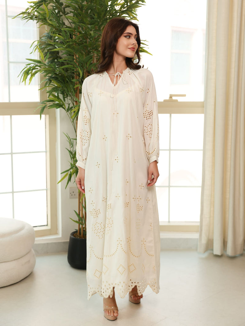 Dovia Off White Cutwork Long Dress