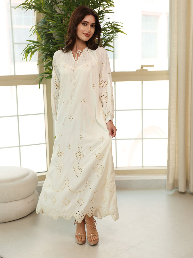 Dovia Off White Cutwork Long Dress