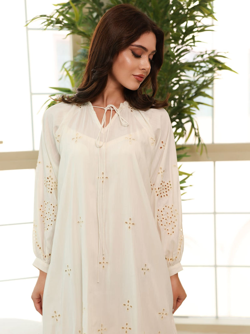 Dovia Off White Cutwork Long Dress