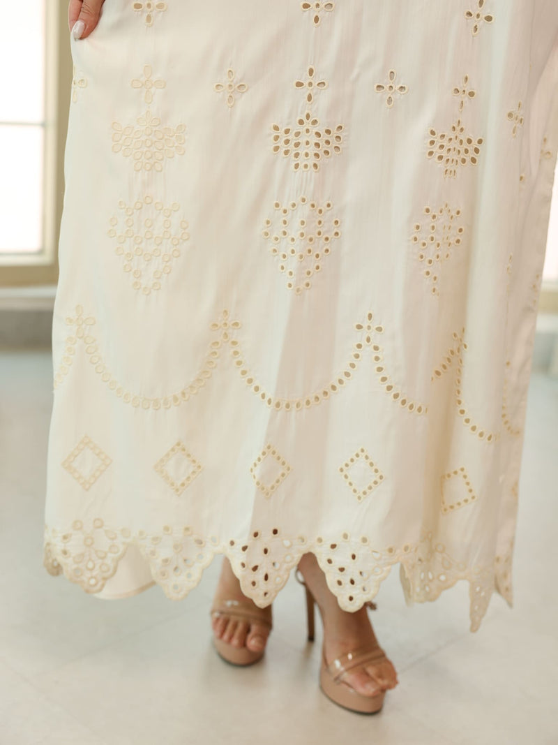 Dovia Off White Cutwork Long Dress