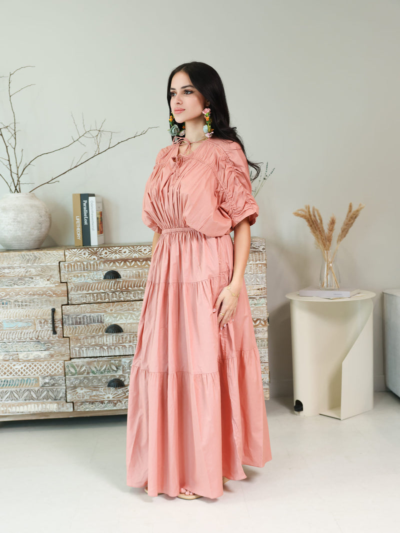 Kester Peach Gathered Long Dress