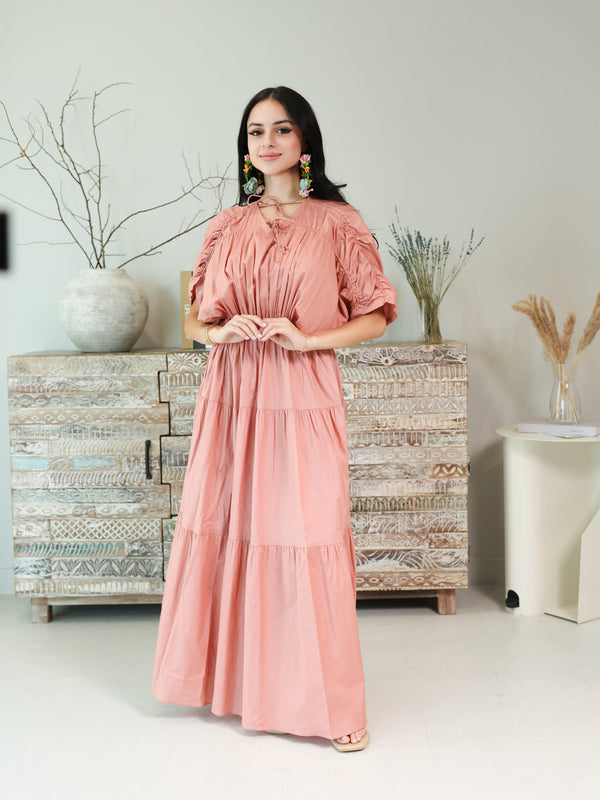 Kester Peach Gathered Long Dress - Main Image