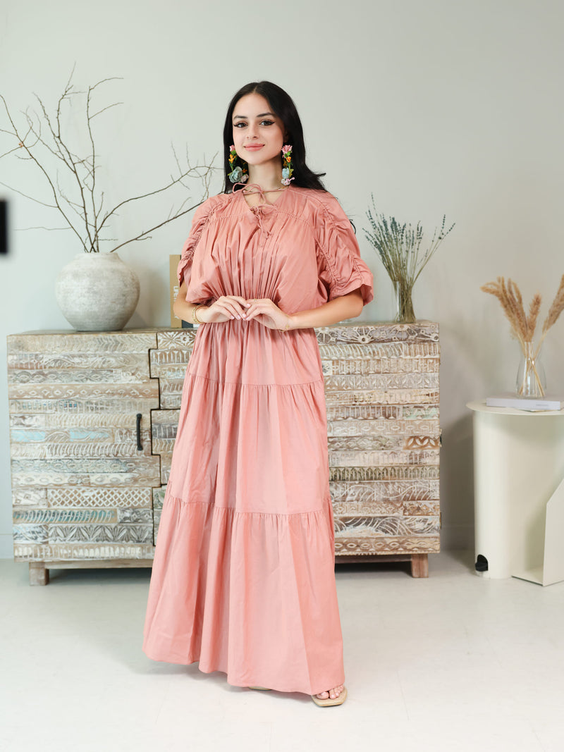 Kester Peach Gathered Long Dress