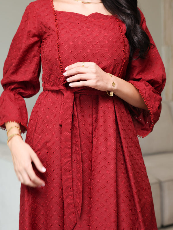 Avra Maroon Cutwork Dress