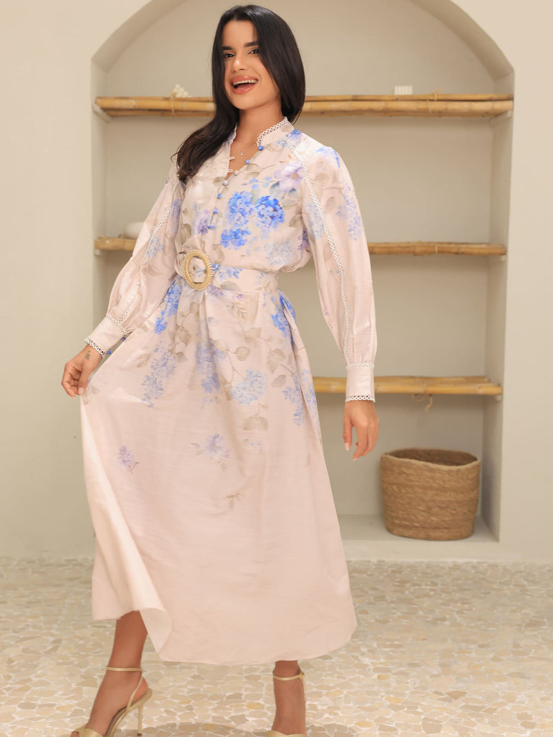 Bellina Blue Floral Buckle Long Dress