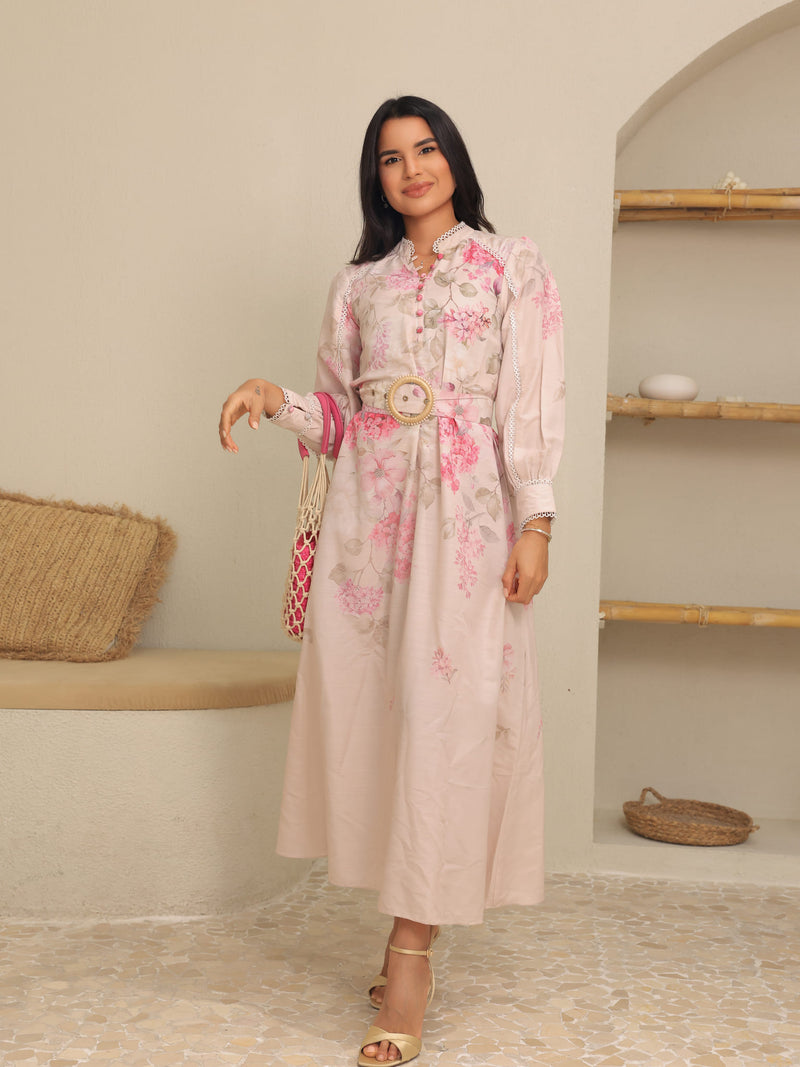 Bellina Pink Floral Buckle Long Dress