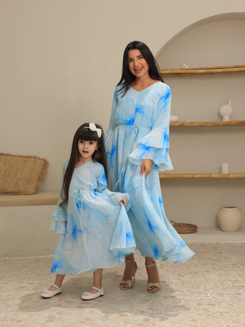 Sakura Mist Blue Floral Long Dress