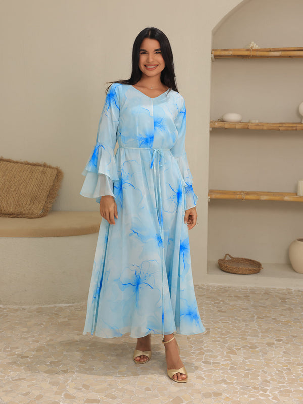 Sakura Mist Blue Floral Long Dress