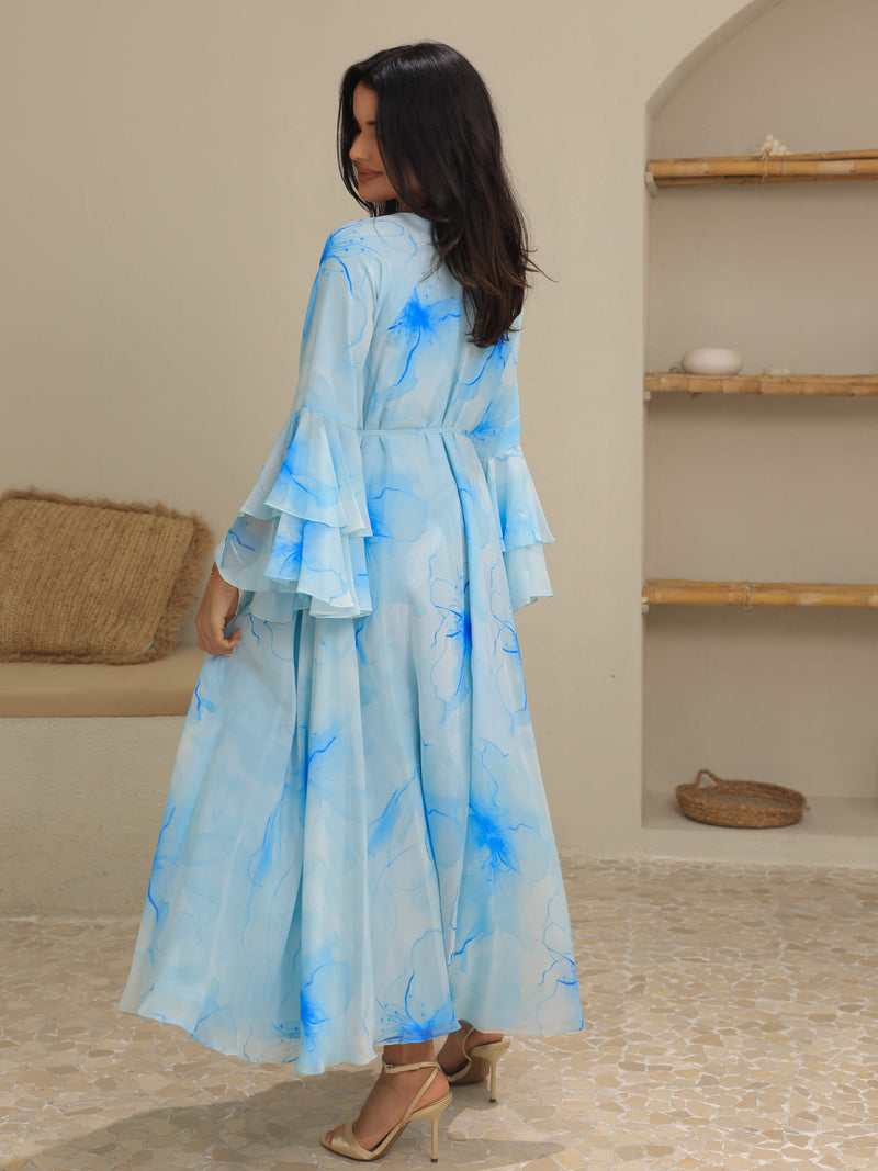 Sakura Mist Blue Floral Long Dress