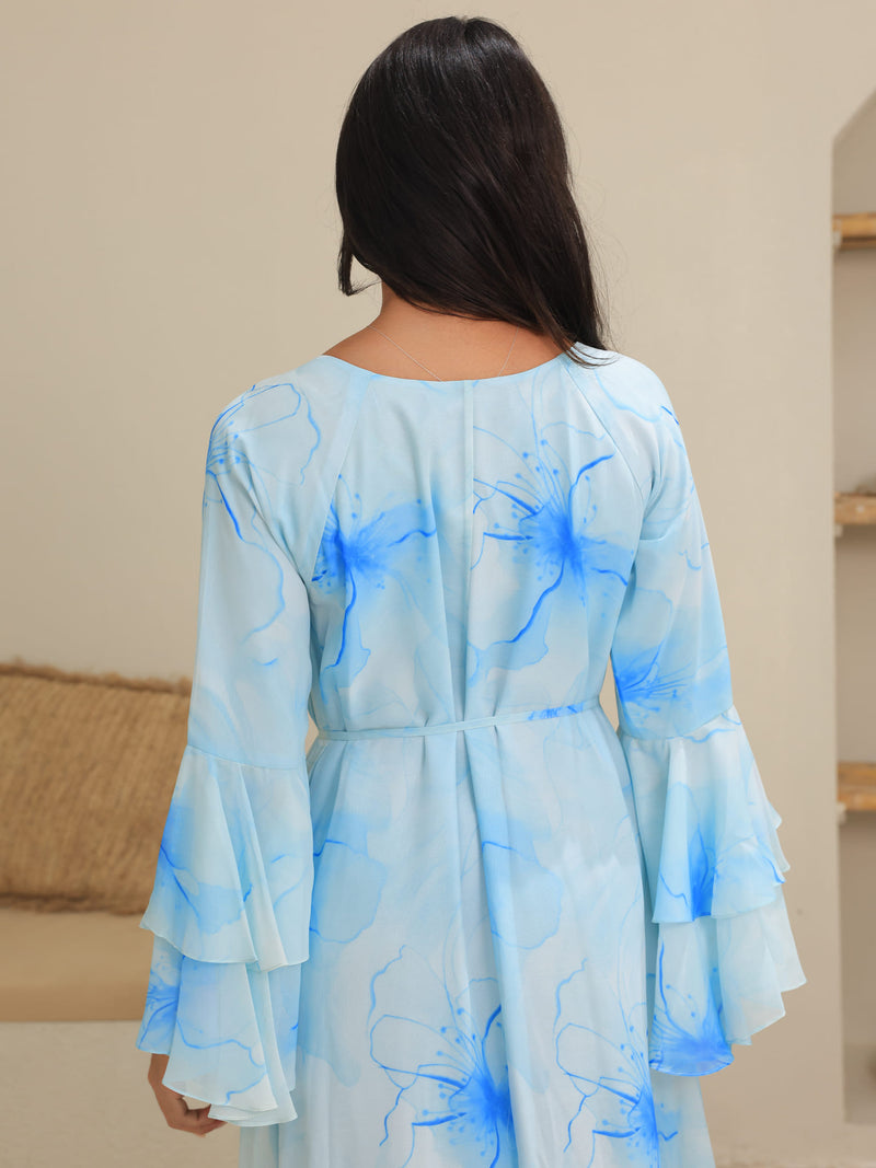 Sakura Mist Blue Floral Long Dress