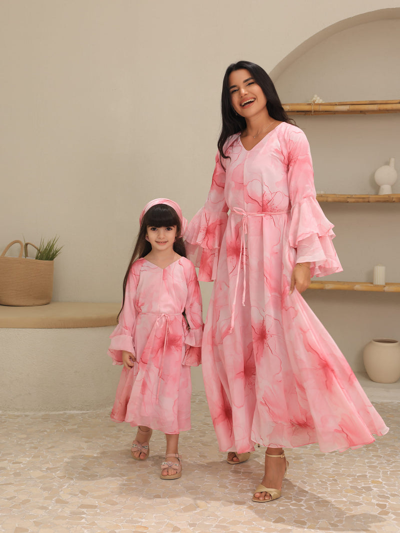 Sakura Mist Pink Floral Long Dress