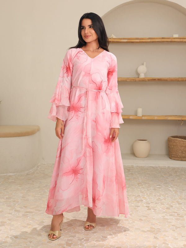Sakura Mist Pink Floral Long Dress