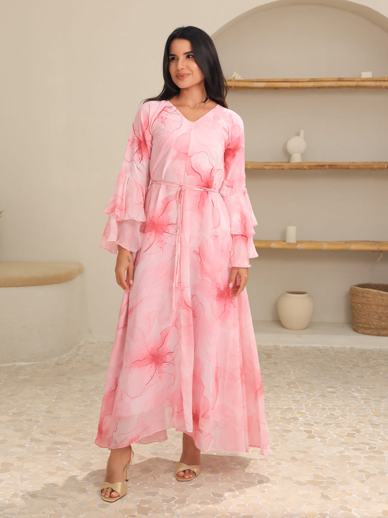 Sakura Mist Pink Floral Long Dress