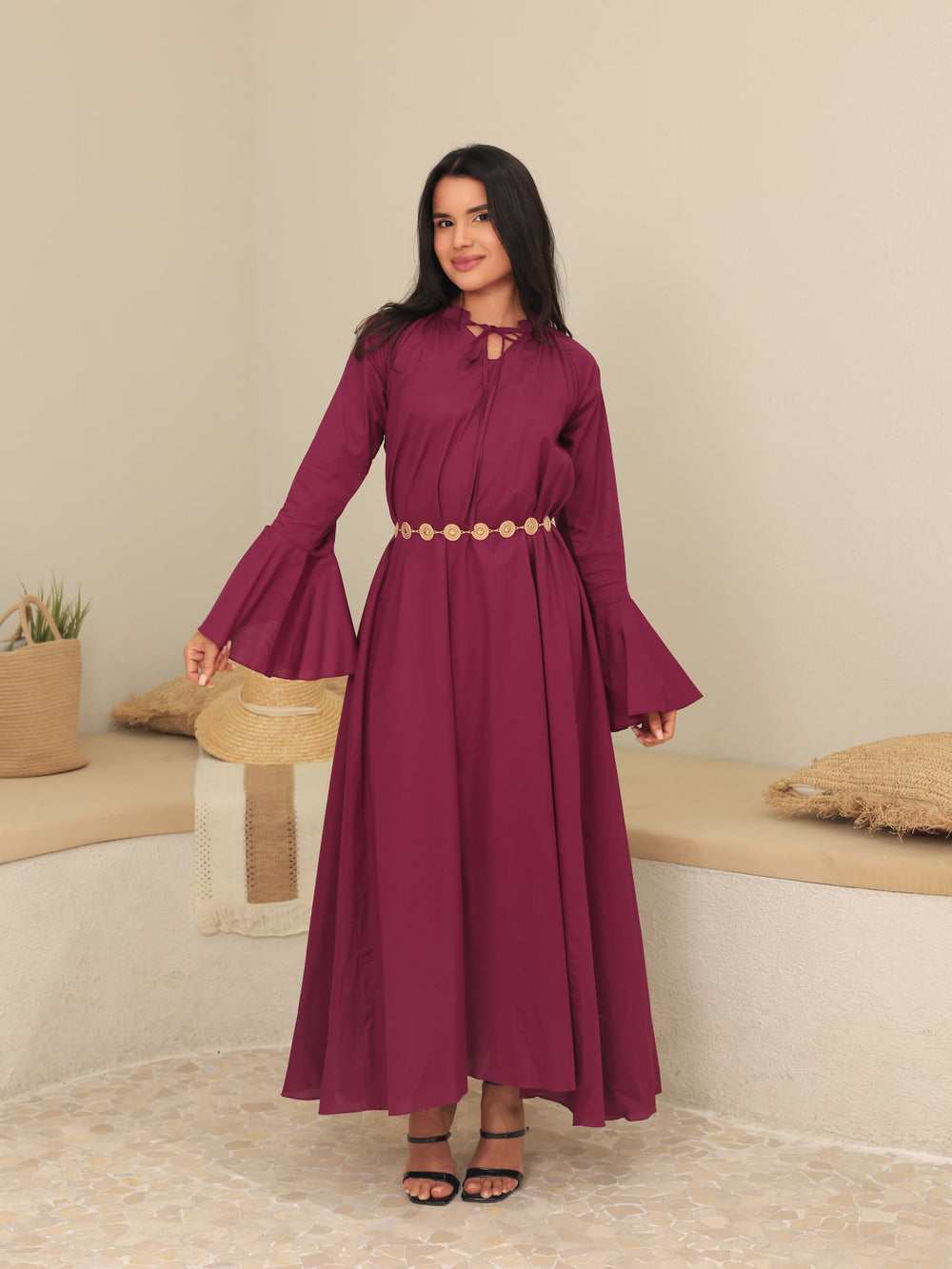 Marnel Plum Cotton Gathered Long Dress