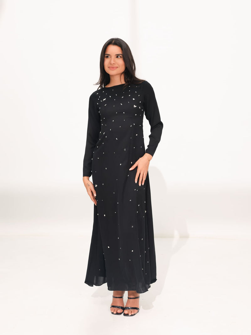 Astrella Black Embellished Long Dress
