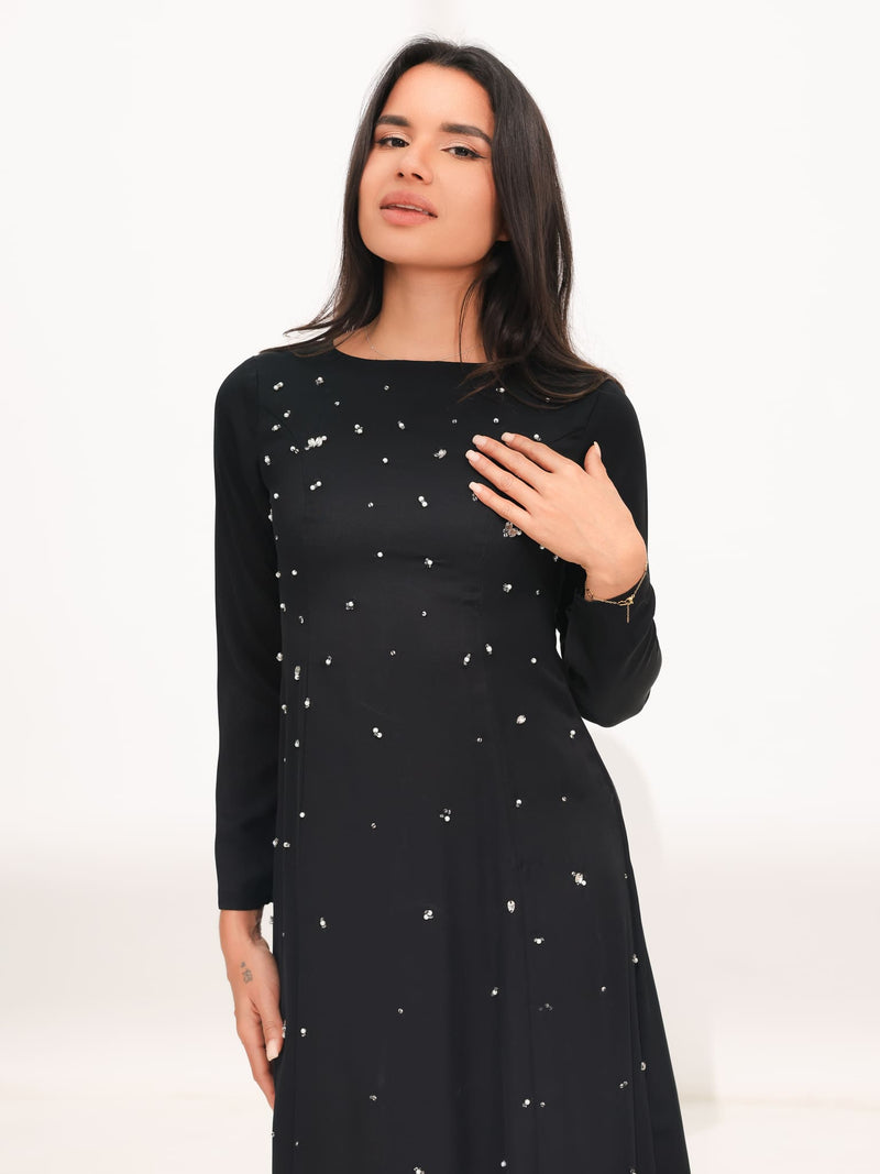 Astrella Black Embellished Long Dress