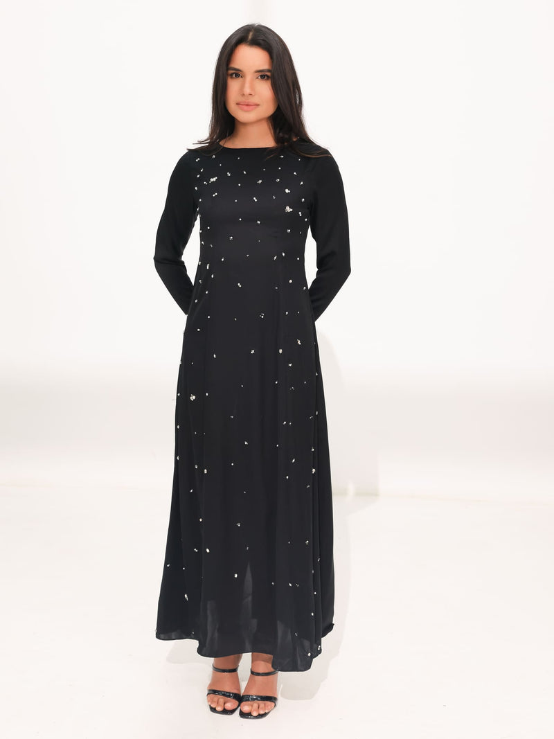 Astrella Black Embellished Long Dress