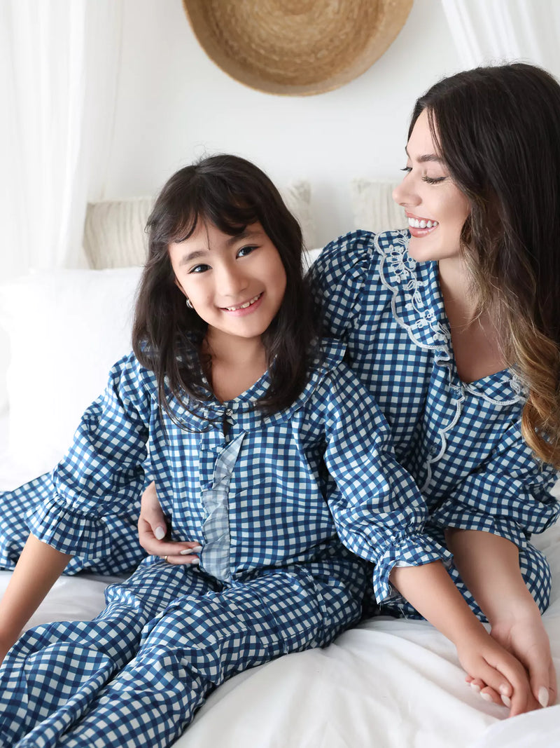 Mini Pluffie Blue Gingham Lounge Set For Girls