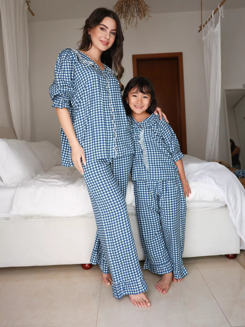 Mini Pluffie Blue Gingham Lounge Set For Girls