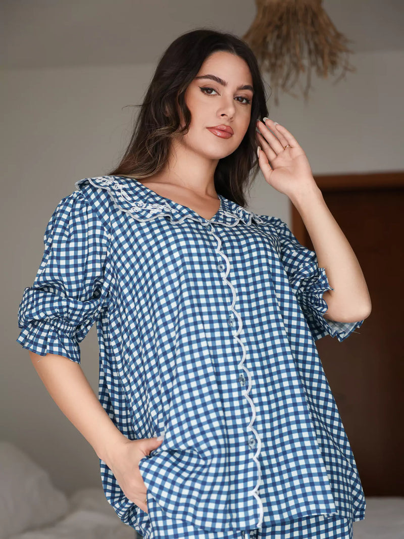 Pluffie Blue Embroidered Gingham Lounge Shirt