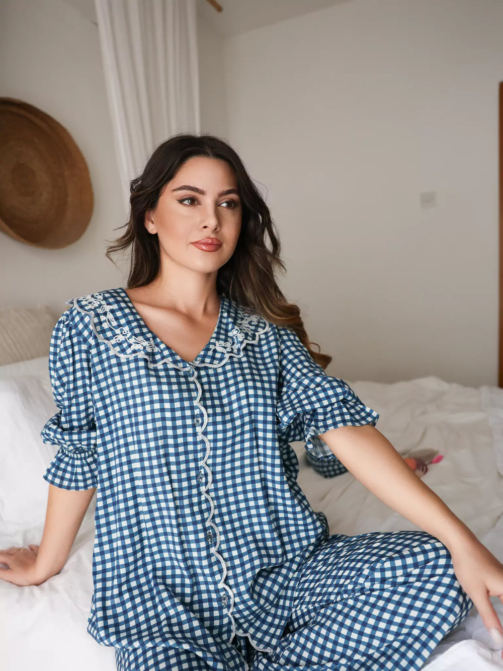 Pluffie Blue Embroidered Gingham Lounge Shirt