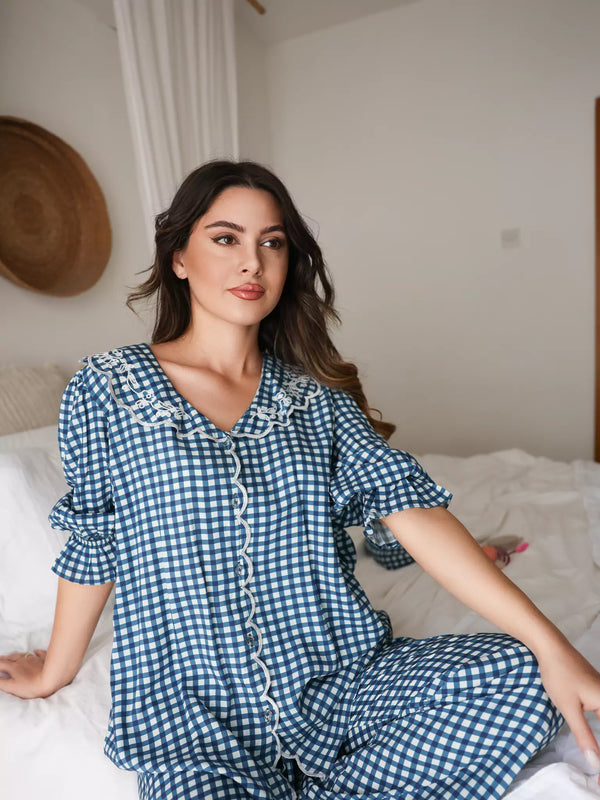 Pluffie Blue Embroidered Gingham Lounge Shirt