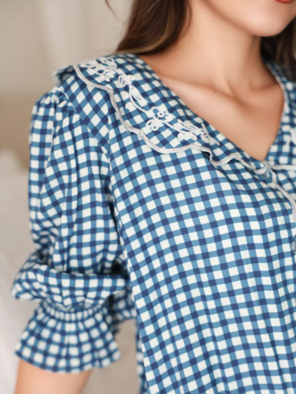 Pluffie Blue Embroidered Gingham Lounge Shirt