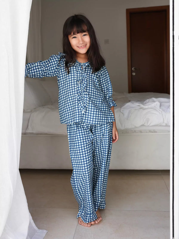 Mini Pluffie Blue Gingham Lounge Set For Girls