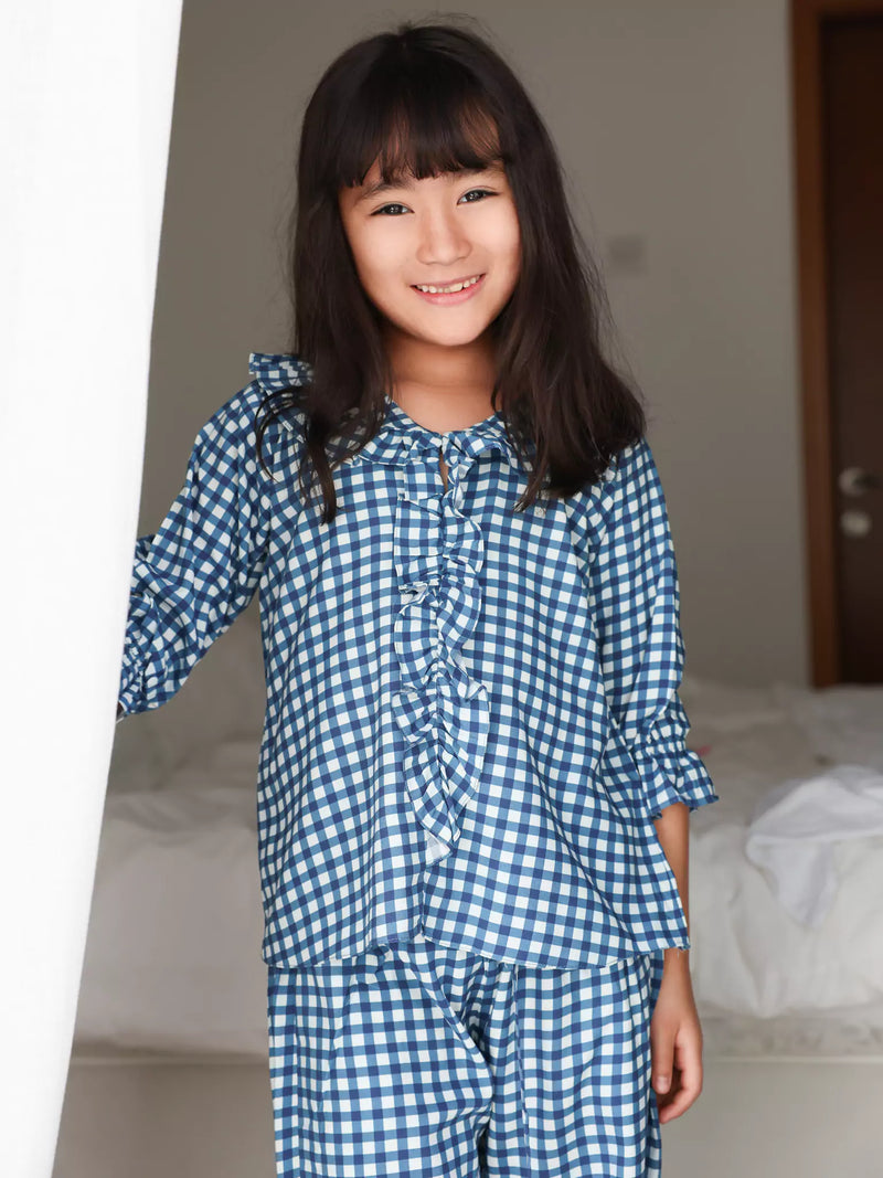 Mini Pluffie Blue Gingham Lounge Set For Girls