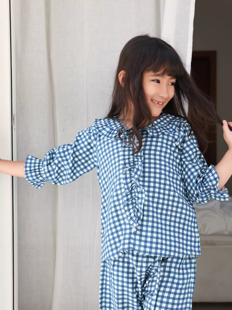 Mini Pluffie Blue Gingham Lounge Set For Girls