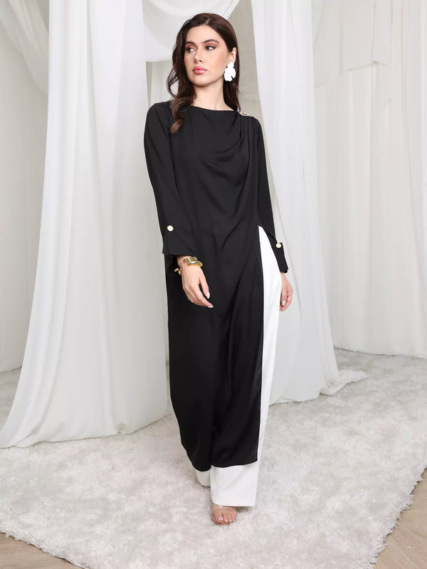 black tunic party dress Draped Black Viscose Dress: Avantgarde Tunic, Cocktail Party Dress